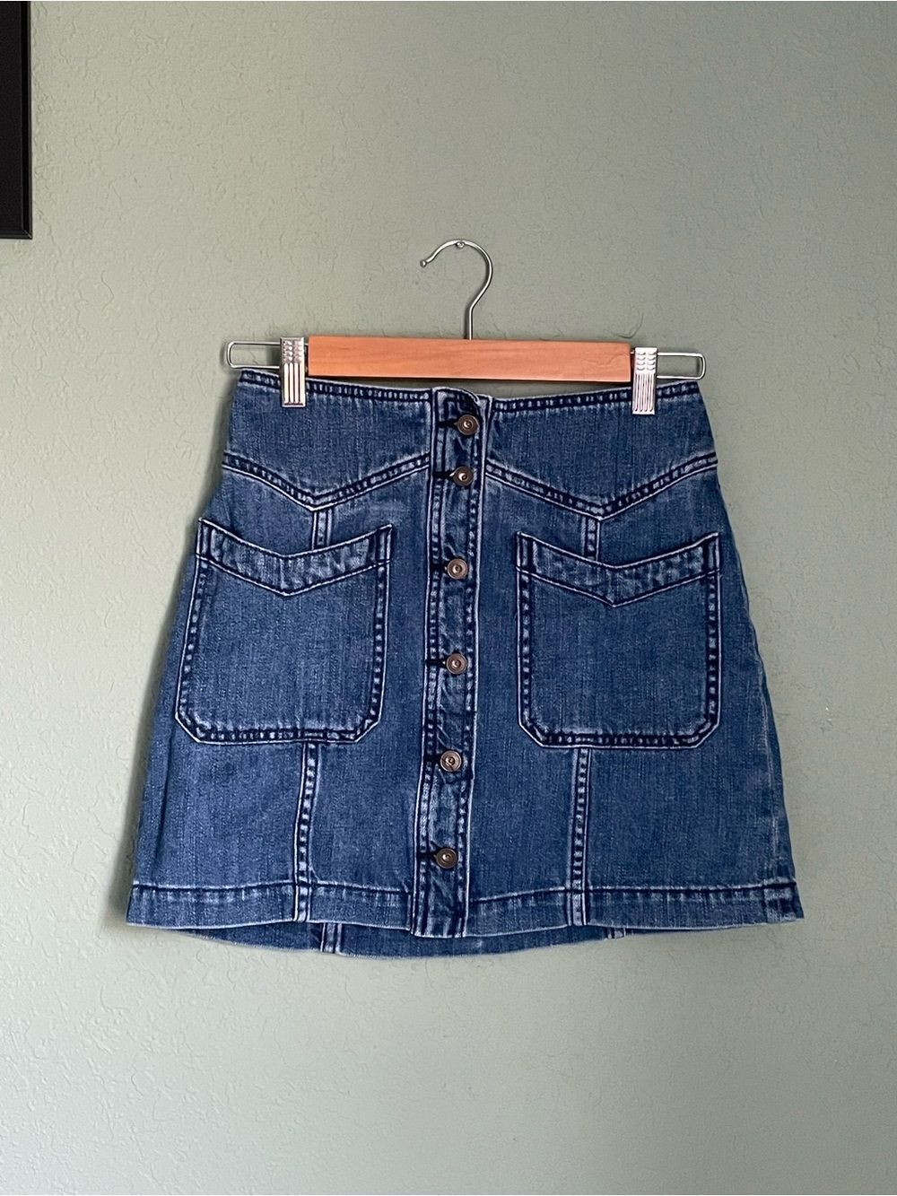 Free People Western Yoke Utility Denim Jean Button Down A-Line Mini Skirt Size 0